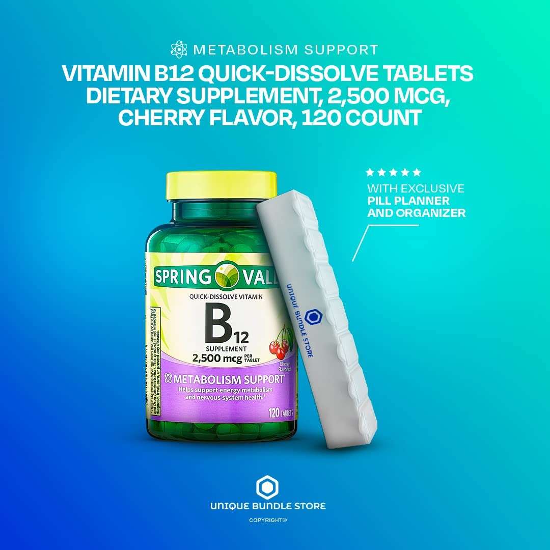 Unique Bundle Store Spring Valley, Vitamin B12 2500 MCG, B12 Quick-Dissolve Cherry Flavor Tablets Dietary Supplement, Vitamin B12, 120 Count + 7 Day Pill Organizer Included (Pack of 1) - Image 2