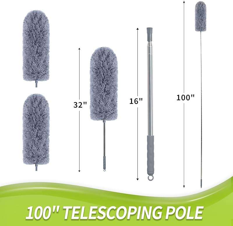 IVYROLL Duster with Extension Pole for Cleaning (2 Microfiber Heads Kit), 100" Long Feather Duster for High Ceilings with Washable Head, Cleaning Supplies for Housekeeping, Ceiling Fan, Furniture - Image 2