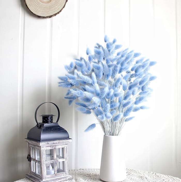 120 PCS Blue Dried Pampas Grass Decor, 17-inch Pompas Floral, Dry Flowers for Decoration, Pampas Grass in Bulk Tall, Blue Bunny Tails Dried Flowers for Boho Wedding Decor - Image 3