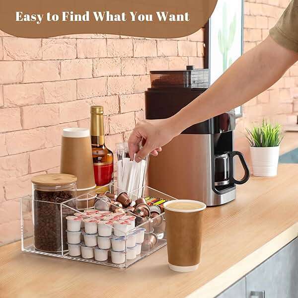 BEYGORM Acrylic Coffee Bar Station Organizer for Countertop,Office Breakroom Clear Snack Tea Storage Accessories Holder for Kcup Pod Condiment Cup Sugar Creamer Syrup, Coffee Gift for Coffee Lovers - Image 2