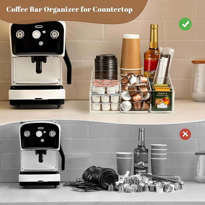 BEYGORM Acrylic Coffee Bar Station Organizer for Countertop,Office Breakroom Clear Snack Tea Storage Accessories Holder for Kcup Pod Condiment Cup Sugar Creamer Syrup, Coffee Gift for Coffee Lovers - Image 4
