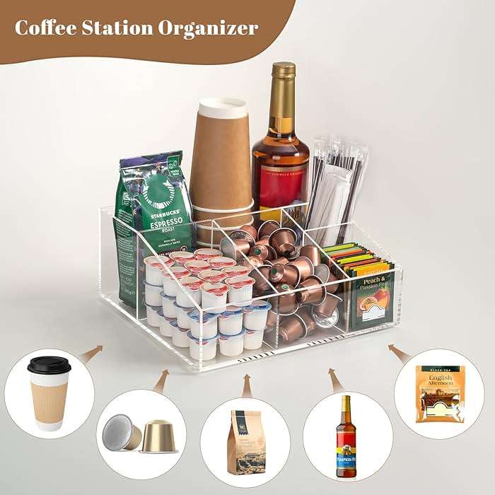 BEYGORM Acrylic Coffee Bar Station Organizer for Countertop,Office Breakroom Clear Snack Tea Storage Accessories Holder for Kcup Pod Condiment Cup Sugar Creamer Syrup, Coffee Gift for Coffee Lovers - Image 5