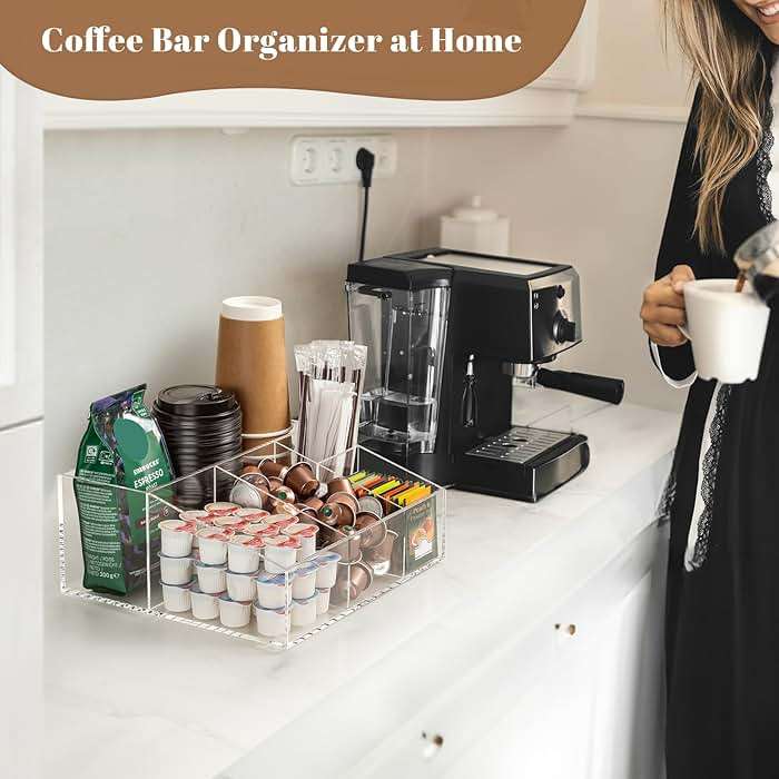 BEYGORM Acrylic Coffee Bar Station Organizer for Countertop,Office Breakroom Clear Snack Tea Storage Accessories Holder for Kcup Pod Condiment Cup Sugar Creamer Syrup, Coffee Gift for Coffee Lovers - Image 6