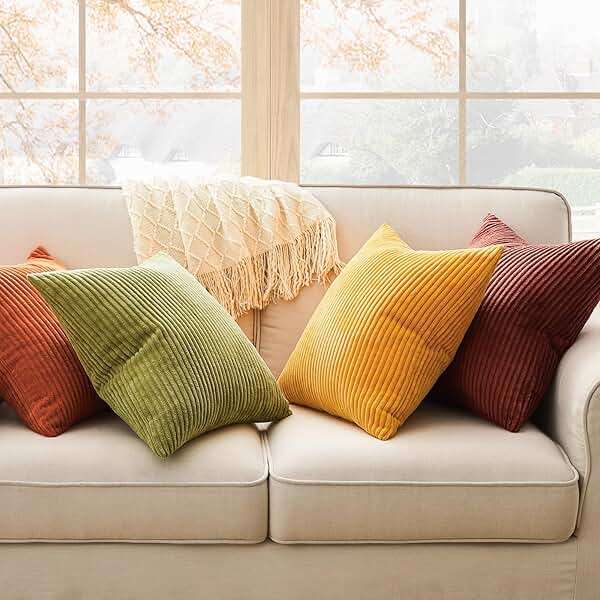 Topfinel Fall Burnt Orange Decorative Throw Pillows Covers 18x18 Inch Set of 4,Yellow Green Gradient Series Corduroy Striped Square Pillow Case,Western Modern Cushion Cover for Couch Sofa Bedroom - Image 2