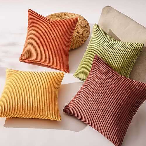 Topfinel Fall Burnt Orange Decorative Throw Pillows Covers 18x18 Inch Set of 4,Yellow Green Gradient Series Corduroy Striped Square Pillow Case,Western Modern Cushion Cover for Couch Sofa Bedroom - Image 5