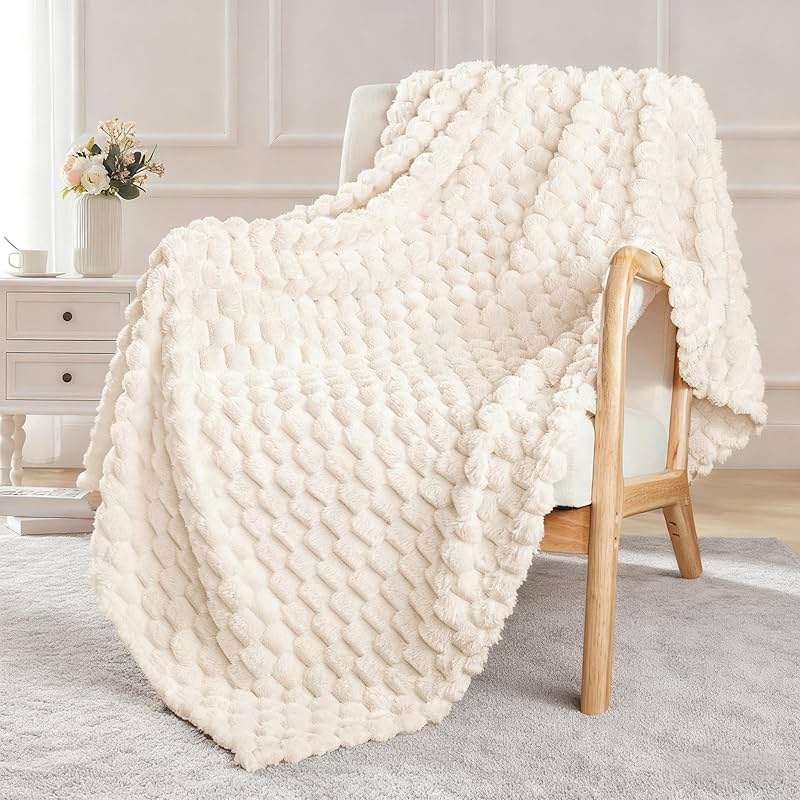 Exclusivo Mezcla Fleece Throw Blanket for Couch, Extra Large Fuzzy Ivory Bed Blankets, Soft Cozy Plush Sofa Throws for All Seasons, 50x70 Inches - Image 1