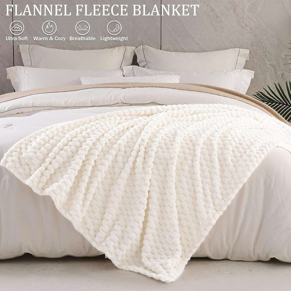 Exclusivo Mezcla Fleece Throw Blanket for Couch, Extra Large Fuzzy Ivory Bed Blankets, Soft Cozy Plush Sofa Throws for All Seasons, 50x70 Inches - Image 4