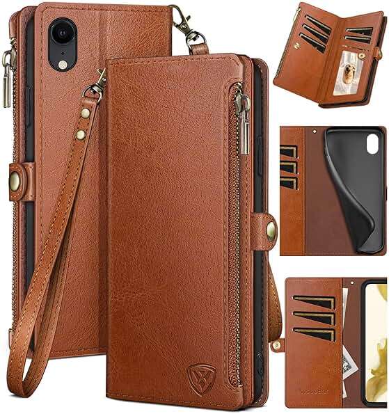 XcaseBar for iPhone XR 6.1" Wallet case with 【RFID Blocking】 Zipper Credit Card Holder, Flip Folio Book PU Leather Phone case Shockproof Cover Women Men for Apple XR case Light Brown - Image 1