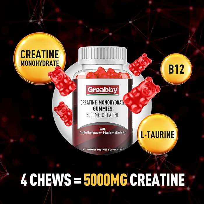 GREABBY Creatine Monohydrate Gummies - 5g Creatine Monohydrate with L-Taurine, B12, Mixed Berry Flavor, 120 Count - Image 4