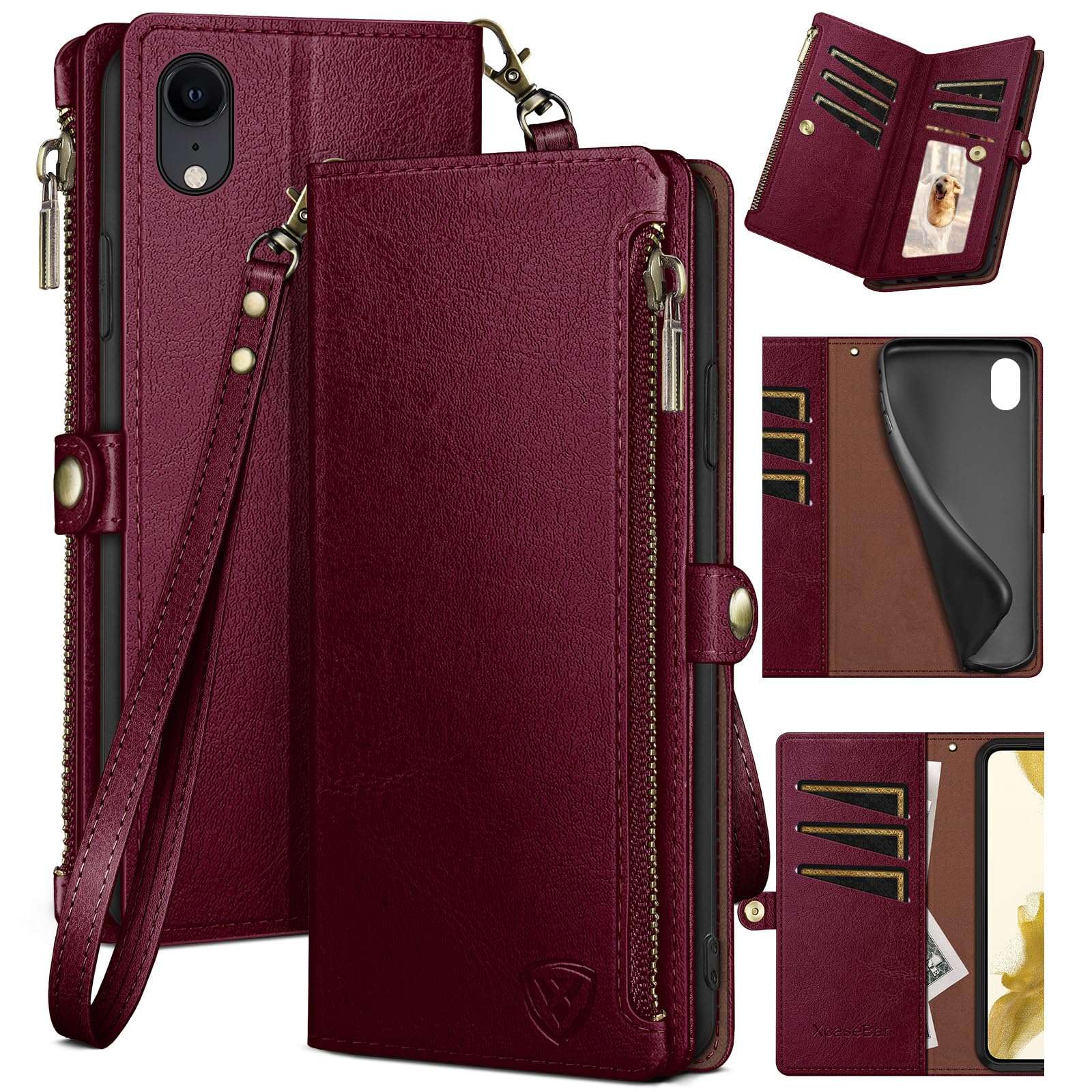XcaseBar for iPhone XR 6.1" Wallet case with 【RFID Blocking】 Zipper Credit Card Holder, Flip Folio Book PU Leather Phone case Shockproof Cover Women Men for Apple XR case Wine Red - Image 1