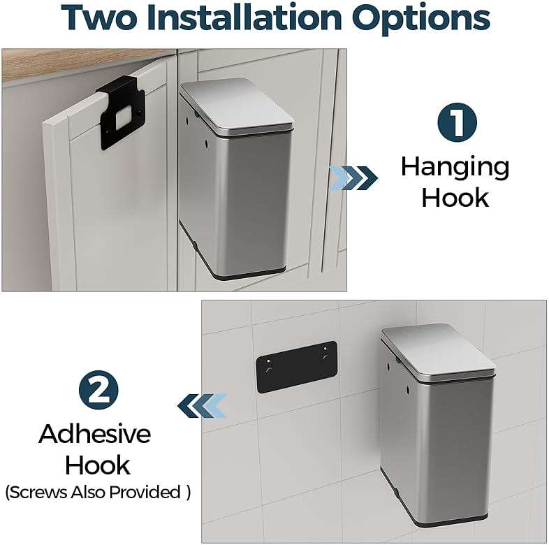 LINSSEN Stainless Steel Hanging Trash Can with Lid and Inner Bucket, 2 Gallon Kitchen Compost Bin for Counter Top, Under Sink or Wall Mount, Small Garbage Can for Cupboard/Bathroom/Bedroom/RV - Image 2