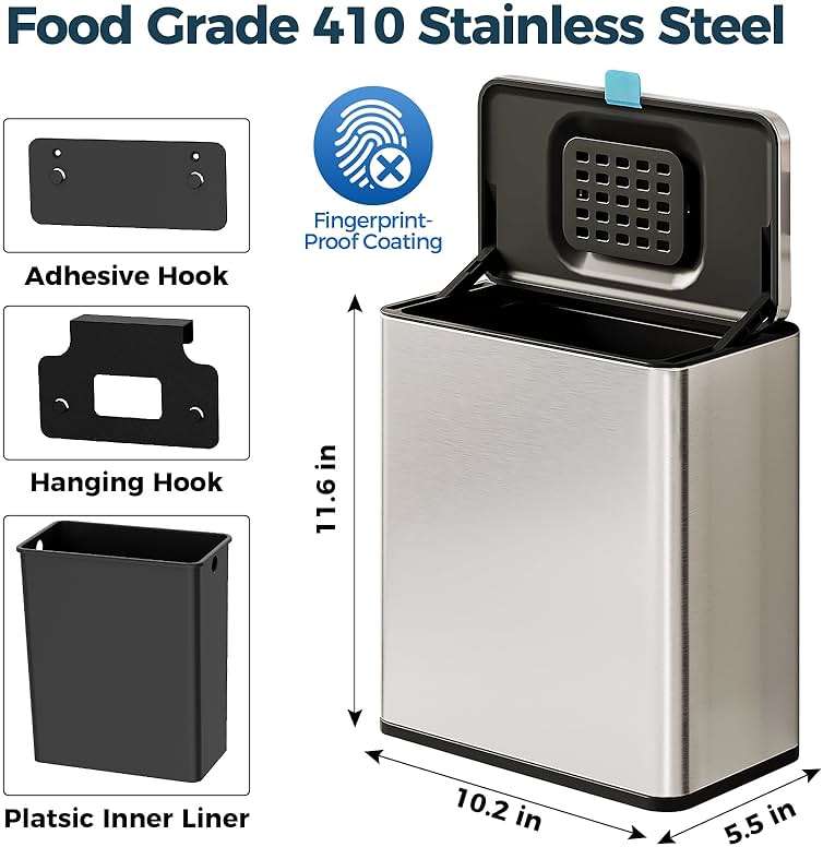 LINSSEN Stainless Steel Hanging Trash Can with Lid and Inner Bucket, 2 Gallon Kitchen Compost Bin for Counter Top, Under Sink or Wall Mount, Small Garbage Can for Cupboard/Bathroom/Bedroom/RV - Image 6