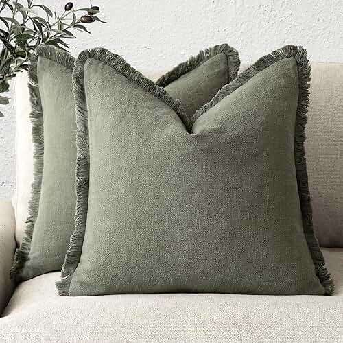 Foindtower Set of 2 Decorative Linen Fringe Throw Pillow Covers Cozy Boho Farmhouse Cushion Cover with Tassels Soft Accent Pillowcase for Couch Sofa Bed Living Room Home Decor,18×18 Inch,Olive Green - Image 1