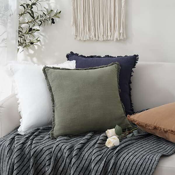 Foindtower Set of 2 Decorative Linen Fringe Throw Pillow Covers Cozy Boho Farmhouse Cushion Cover with Tassels Soft Accent Pillowcase for Couch Sofa Bed Living Room Home Decor,18×18 Inch,Olive Green - Image 2