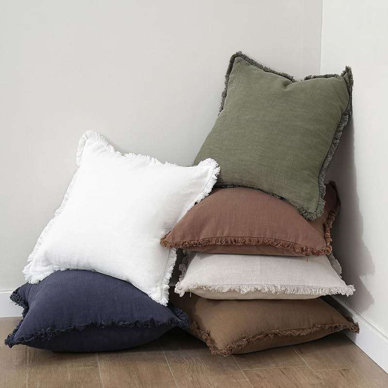 Foindtower Set of 2 Decorative Linen Fringe Throw Pillow Covers Cozy Boho Farmhouse Cushion Cover with Tassels Soft Accent Pillowcase for Couch Sofa Bed Living Room Home Decor,18×18 Inch,Olive Green - Image 6