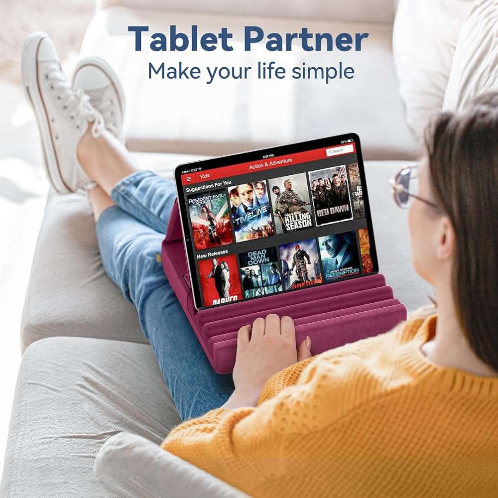 KDD Tablet Pillow Holder, Foldable iPad Stand for Lap, Bed and Desk -Tablet Soft Pad Dock with Pocket & Stylus Mount Compatible with iPad Pro 12.9, 10.5, 9.7 Air Mini 6 5 4 3, Galaxy Tab, E-Reader - Image 2