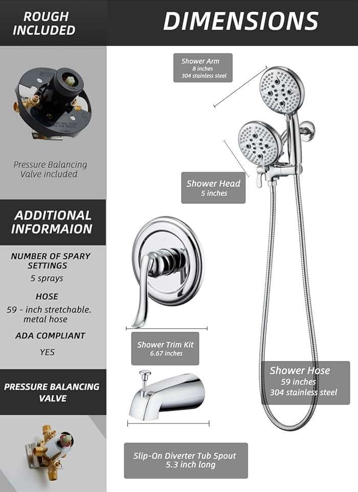 ELLO&ALLO Shower Faucet Set with Tub Spout, Single Handle Tub and Shower Faucet Combo Set, Chrome (Valve Included) - Image 6