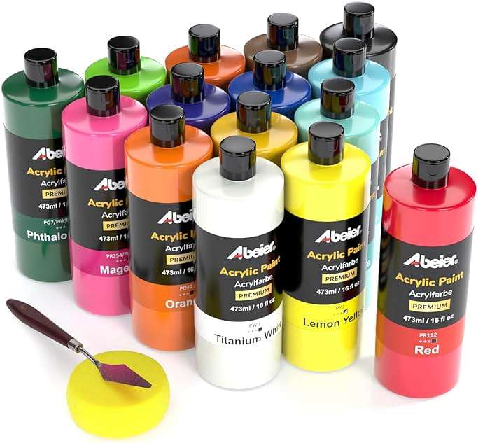 ABEIER Large Bulk Acrylic Paint Set, 15 Colors (473 ml/16 fl oz), Matte Finish, Rich Pigments, Non-Toxic Paints for Painting on Canvas Crafts Wood Ceramic, Ideal for Beginners and Students - Image 1