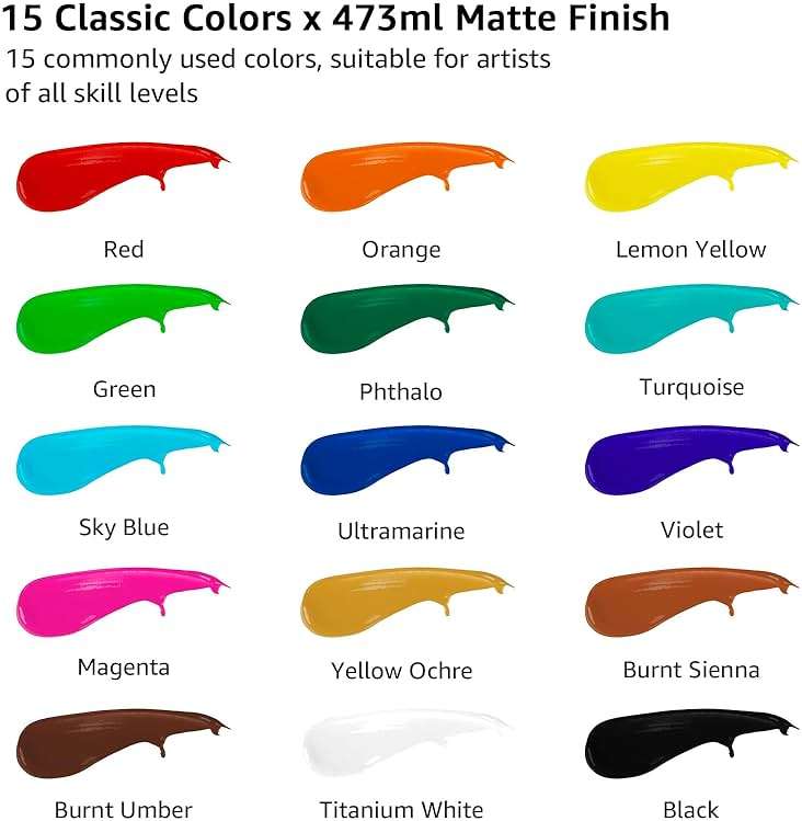ABEIER Large Bulk Acrylic Paint Set, 15 Colors (473 ml/16 fl oz), Matte Finish, Rich Pigments, Non-Toxic Paints for Painting on Canvas Crafts Wood Ceramic, Ideal for Beginners and Students - Image 3