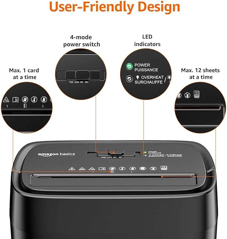 Amazon Basics 12-Sheet Cross-Cut Paper and Credit Card Shredder with Overheat Protection, Black (New Model) - Image 4