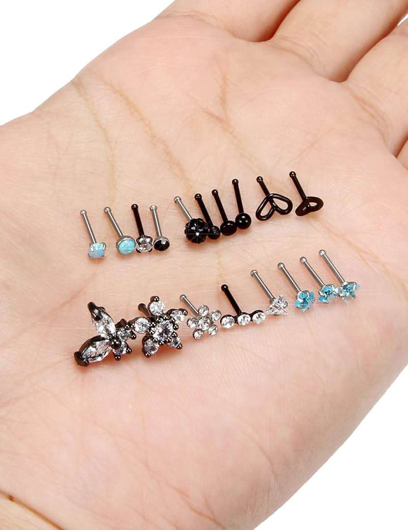 Gadeaila Surgical Steel Nose Ring 20G - Hypoallergenic Nose Studs With Cute Flat Opal Flower Diamond Heart - Straight L Shaped Purple, Pink, Black, Silver for Women Men Gift - Image 2