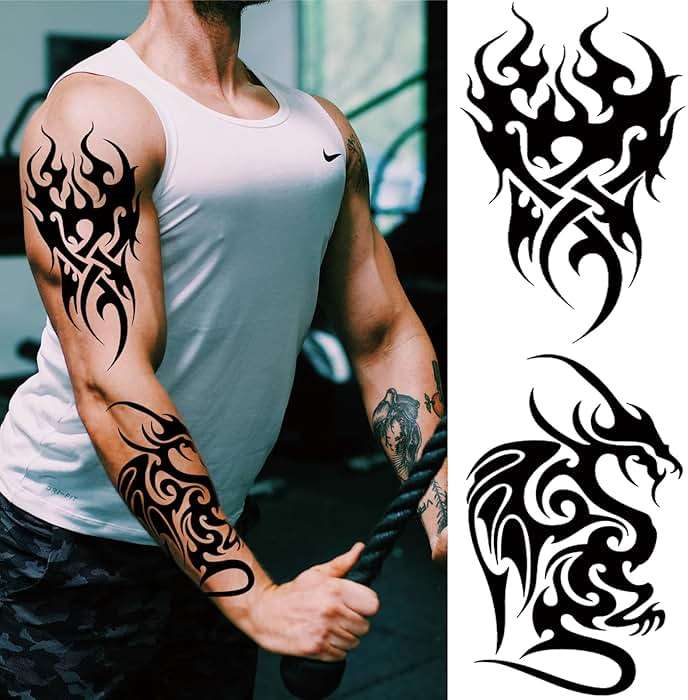 Briyhose Tribal Temporary Tattoo For Men Adult, Black Large Totem Tribal Fake Tattoo Men, Long Lasting Waterproof Big Temp Tatoo Sticker Boy Teen Chest Half Arm Body Art Makeup, 8-Sheet - Image 2