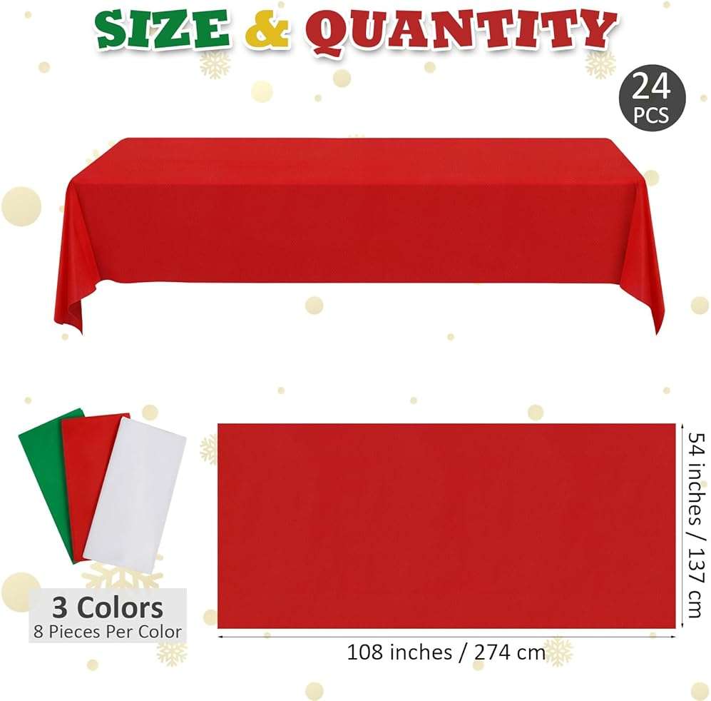 durony 24 Pieces Red, Green, White Disposable Plastic Tablecloth Christmas Colour Waterproof Table Cover 54 x 108 Inch Decorative Table Cloths Table Decorations for Christmas Party Birthday Wedding - Image 3