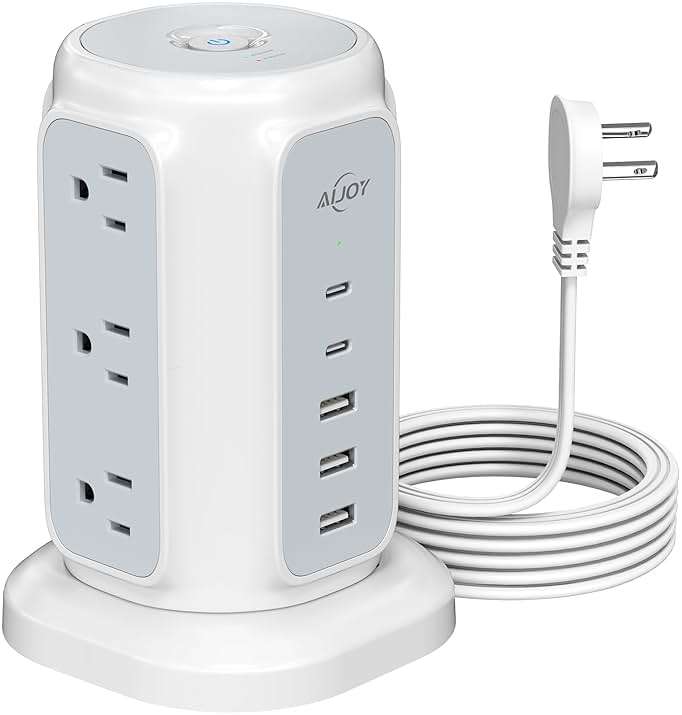 AiJoy Flat Plug Power Strip Tower 9 Outlets and 5 USB Ports (2 USB-C), 1200J Surge Protection, 6.5ft 1625W Extension Cord Charging Station for Home, Office Supplies, Dorm Essentials - Image 1