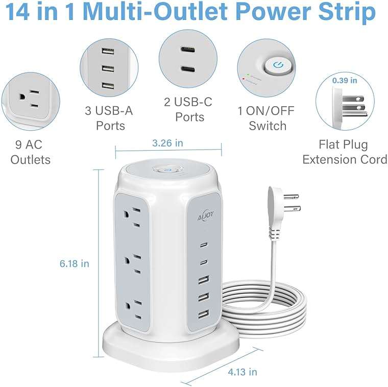 AiJoy Flat Plug Power Strip Tower 9 Outlets and 5 USB Ports (2 USB-C), 1200J Surge Protection, 6.5ft 1625W Extension Cord Charging Station for Home, Office Supplies, Dorm Essentials - Image 2