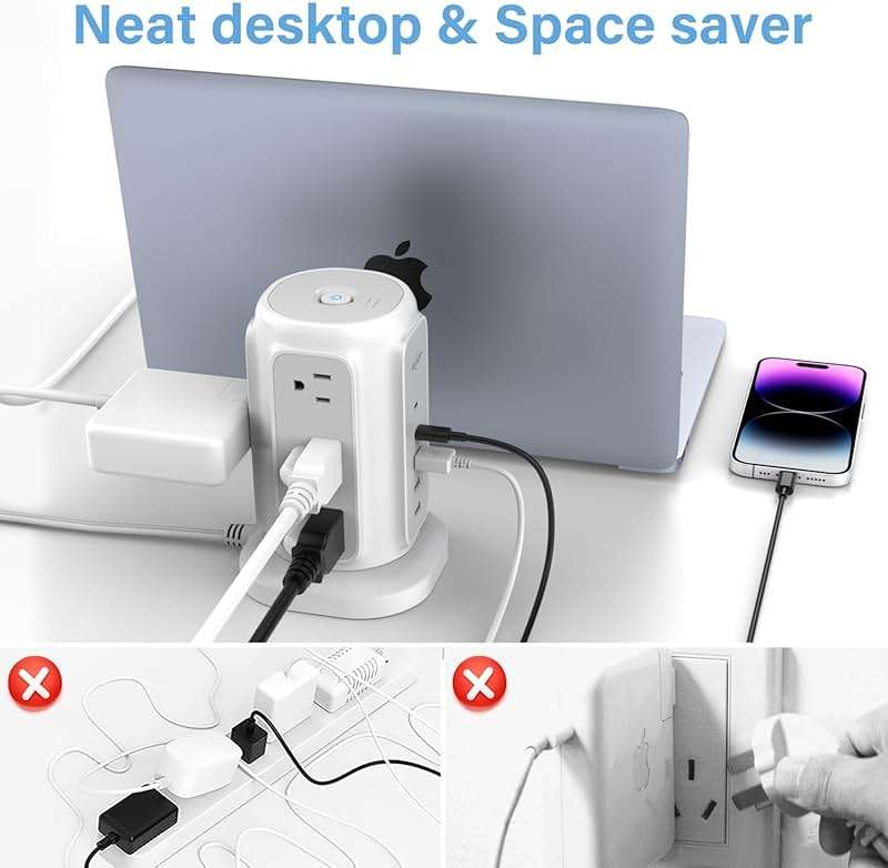 AiJoy Flat Plug Power Strip Tower 9 Outlets and 5 USB Ports (2 USB-C), 1200J Surge Protection, 6.5ft 1625W Extension Cord Charging Station for Home, Office Supplies, Dorm Essentials - Image 5