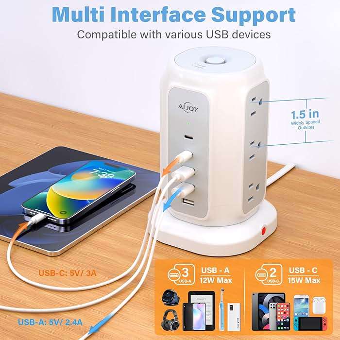 AiJoy Flat Plug Power Strip Tower 9 Outlets and 5 USB Ports (2 USB-C), 1200J Surge Protection, 6.5ft 1625W Extension Cord Charging Station for Home, Office Supplies, Dorm Essentials - Image 6