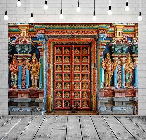 CORFOTO 7x5ft Fabric Colorful India Tanjore Temple Door Backdrop Old India Religion Building Backgrounds for Indian Party Decorations Adults Photo Props - Image 2