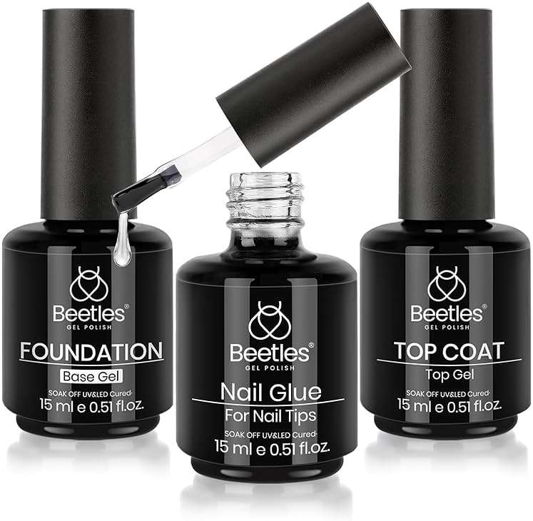 Beetles 3Pcs Top Coat Base Gel & Nail Glue Set, No Wipe Base Coat with 9 In 1 Adhesive Shine Effect Long Lasting Soak Off UV Light Lamp DIY Gifts for Women & Girls - Image 1