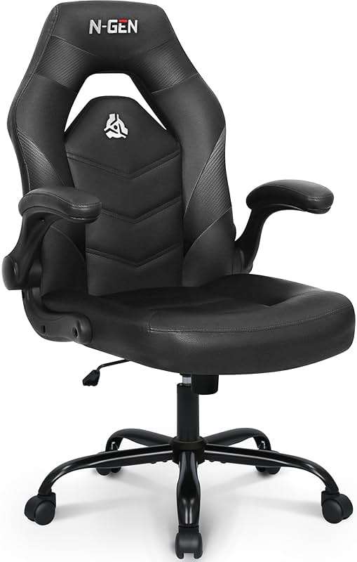 N-GEN Video Gaming Chair Ergonomic Computer Desk Office Chair with Lumbar Support Adjustable Height Swivel Wheels Flip-Up Arms PU Leather Home and Office (Black) - Image 1