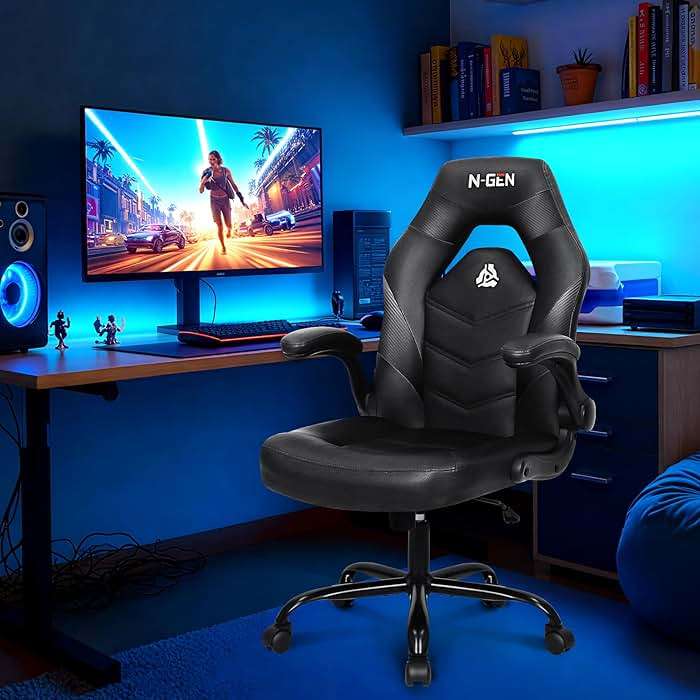 N-GEN Video Gaming Chair Ergonomic Computer Desk Office Chair with Lumbar Support Adjustable Height Swivel Wheels Flip-Up Arms PU Leather Home and Office (Black) - Image 2