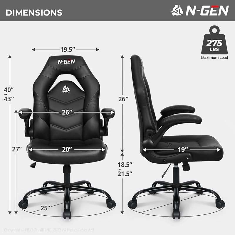 N-GEN Video Gaming Chair Ergonomic Computer Desk Office Chair with Lumbar Support Adjustable Height Swivel Wheels Flip-Up Arms PU Leather Home and Office (Black) - Image 3