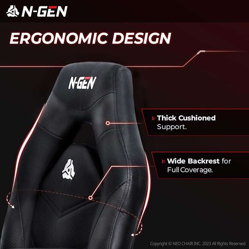 N-GEN Video Gaming Chair Ergonomic Computer Desk Office Chair with Lumbar Support Adjustable Height Swivel Wheels Flip-Up Arms PU Leather Home and Office (Black) - Image 4