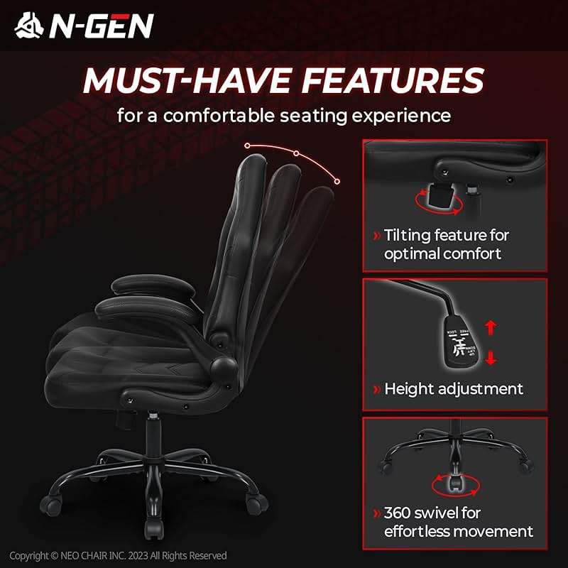 N-GEN Video Gaming Chair Ergonomic Computer Desk Office Chair with Lumbar Support Adjustable Height Swivel Wheels Flip-Up Arms PU Leather Home and Office (Black) - Image 7