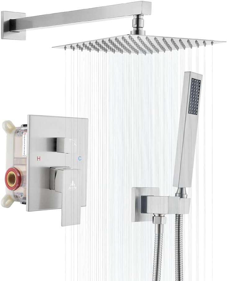 Arofa 10 Inch Shower Faucet Set, Brushed Nickel Rain Shower System Kit with Rough-in Valve High Pressure Shower Fixtures Handheld and Square Rainfall Shower Head Sets Complete Luxury Rain Mixer - Image 1