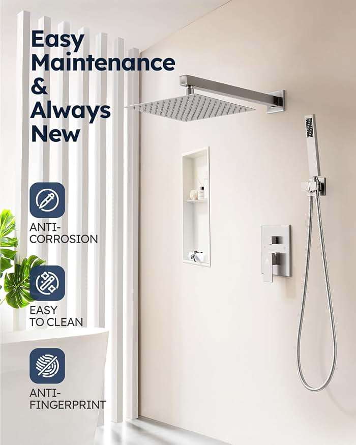 Arofa 10 Inch Shower Faucet Set, Brushed Nickel Rain Shower System Kit with Rough-in Valve High Pressure Shower Fixtures Handheld and Square Rainfall Shower Head Sets Complete Luxury Rain Mixer - Image 3
