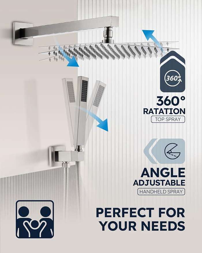 Arofa 10 Inch Shower Faucet Set, Brushed Nickel Rain Shower System Kit with Rough-in Valve High Pressure Shower Fixtures Handheld and Square Rainfall Shower Head Sets Complete Luxury Rain Mixer - Image 4
