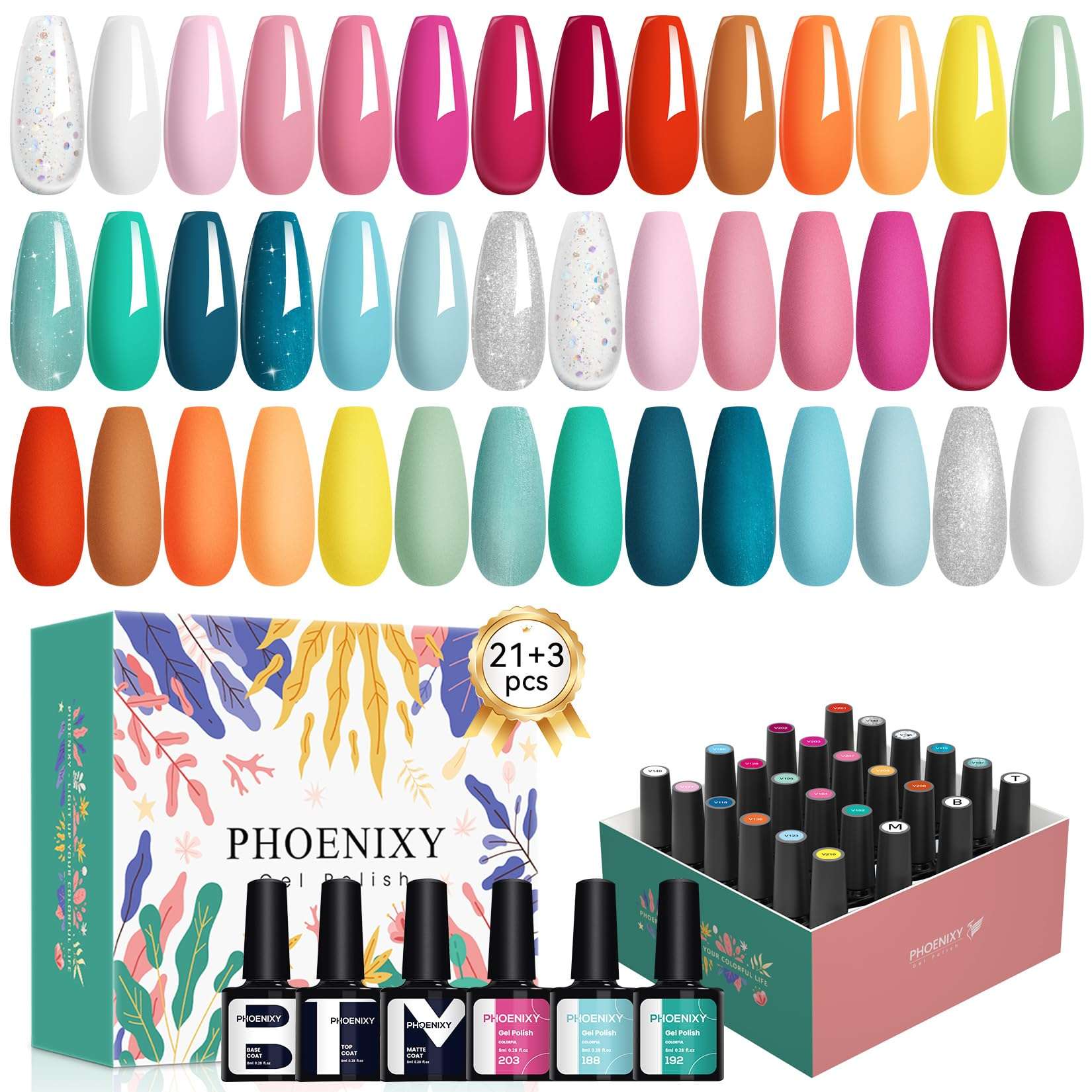 phoenixy 24 PCS Gel Nail Polish Set, 21 Colors Soak Off Gel Nail Kit Nude Pink Red Blue Green Yellow Orange Nail Polish Set with Base Gloss Matte Top Coat Nail Kit Gifts for Women - Image 1