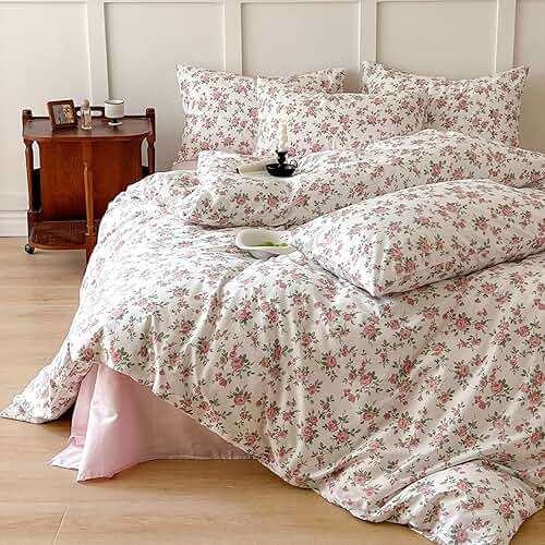 Pink Floral Duvet Cover Queen Soft Cotton Girls Cottagecore Bedding Set Botanical Peach Flower Comforter Cover with Zipper Closure Vintage Country Bedding Aesthetic Duvet Cover with 2 Pillowcases - Image 1