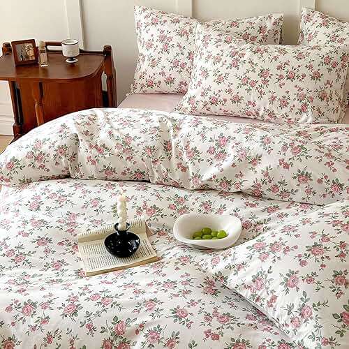 Pink Floral Duvet Cover Queen Soft Cotton Girls Cottagecore Bedding Set Botanical Peach Flower Comforter Cover with Zipper Closure Vintage Country Bedding Aesthetic Duvet Cover with 2 Pillowcases - Image 2