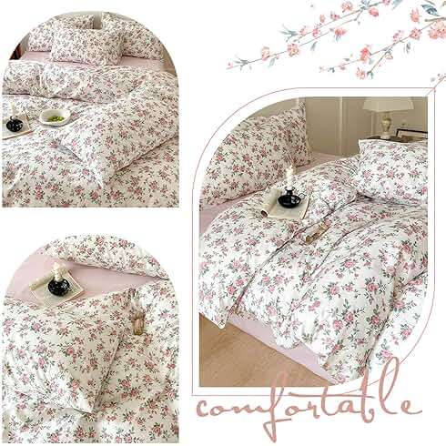 Pink Floral Duvet Cover Queen Soft Cotton Girls Cottagecore Bedding Set Botanical Peach Flower Comforter Cover with Zipper Closure Vintage Country Bedding Aesthetic Duvet Cover with 2 Pillowcases - Image 3