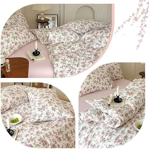 Pink Floral Duvet Cover Queen Soft Cotton Girls Cottagecore Bedding Set Botanical Peach Flower Comforter Cover with Zipper Closure Vintage Country Bedding Aesthetic Duvet Cover with 2 Pillowcases - Image 4