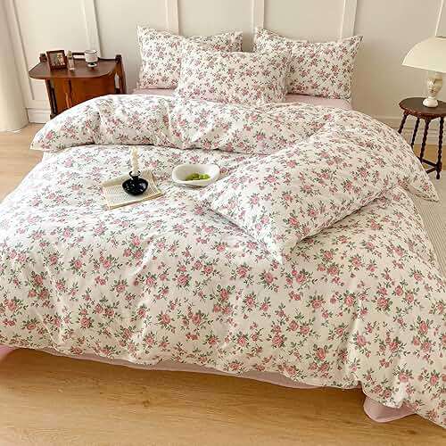 Pink Floral Duvet Cover Queen Soft Cotton Girls Cottagecore Bedding Set Botanical Peach Flower Comforter Cover with Zipper Closure Vintage Country Bedding Aesthetic Duvet Cover with 2 Pillowcases - Image 5