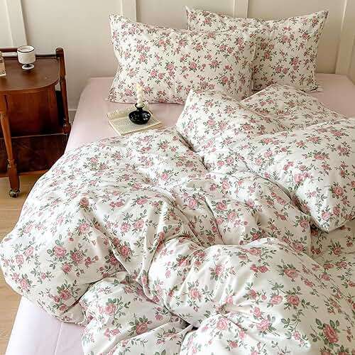 Pink Floral Duvet Cover Queen Soft Cotton Girls Cottagecore Bedding Set Botanical Peach Flower Comforter Cover with Zipper Closure Vintage Country Bedding Aesthetic Duvet Cover with 2 Pillowcases - Image 6