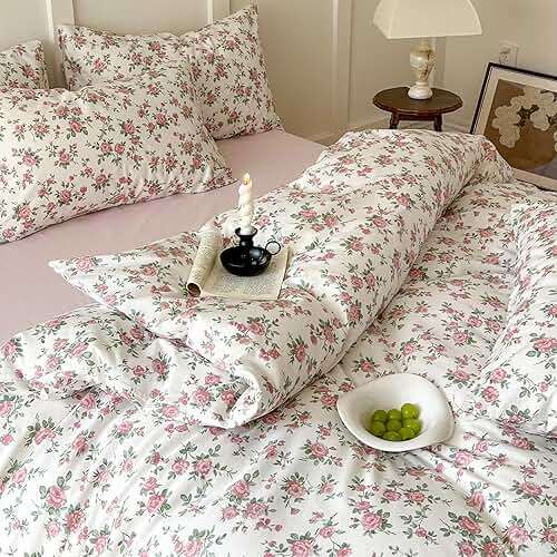 Pink Floral Duvet Cover Queen Soft Cotton Girls Cottagecore Bedding Set Botanical Peach Flower Comforter Cover with Zipper Closure Vintage Country Bedding Aesthetic Duvet Cover with 2 Pillowcases - Image 7