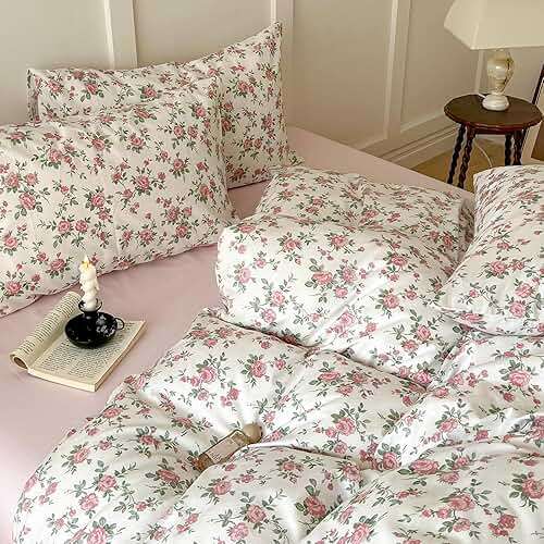 Pink Floral Duvet Cover Queen Soft Cotton Girls Cottagecore Bedding Set Botanical Peach Flower Comforter Cover with Zipper Closure Vintage Country Bedding Aesthetic Duvet Cover with 2 Pillowcases - Image 9